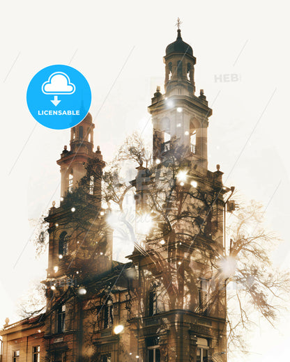 Siauliai City Skyline Double Exposure Art - A building with towers and trees