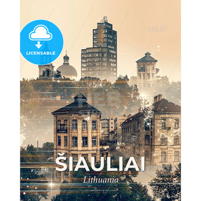 Šiauliai skyline double exposure art print - A city with buildings and trees - Square format print template