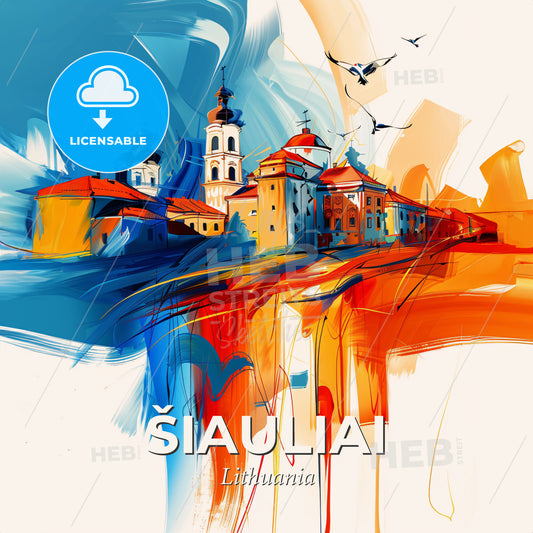 Vibrant Šiauliai, Lithuania - A Painting Of A Building With Birds Flying - Square format print template