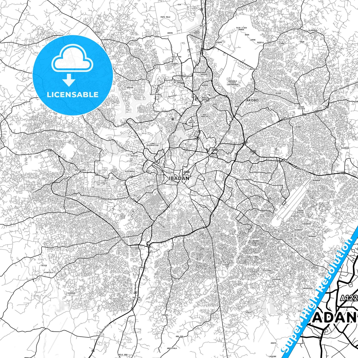 Ibadan, Nigeria light map with streetnames, citynames and districts