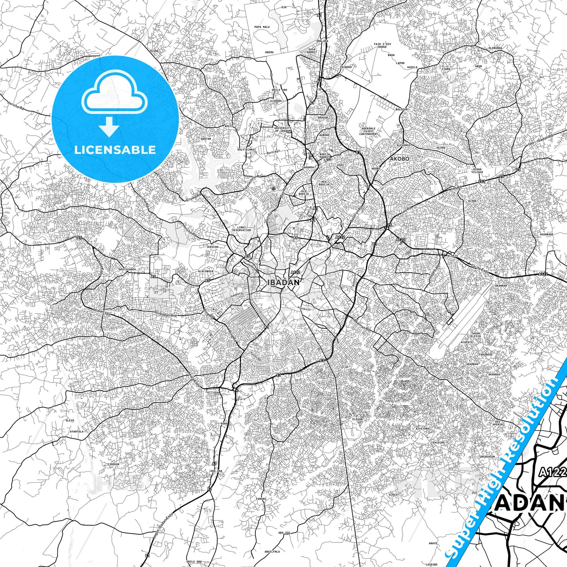 Ibadan, Nigeria light map with streetnames, citynames and districts