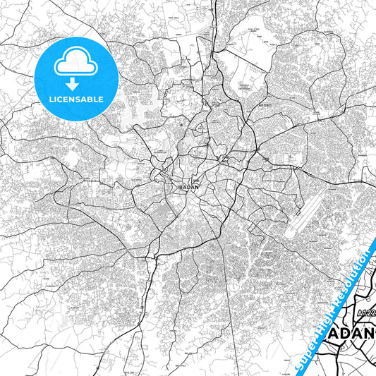 Ibadan, Nigeria light map with streetnames, citynames and districts