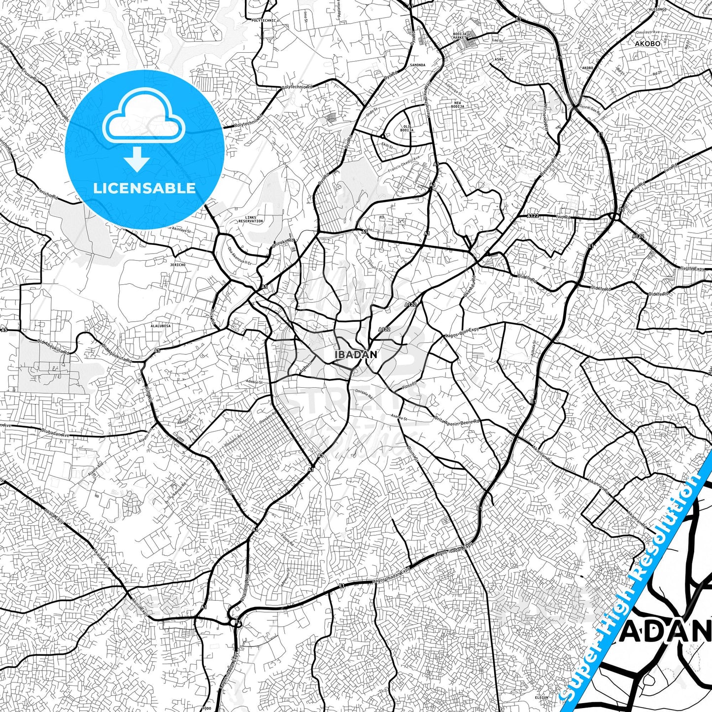Ibadan, Nigeria Light Map with Street Names, City Names, and Districts