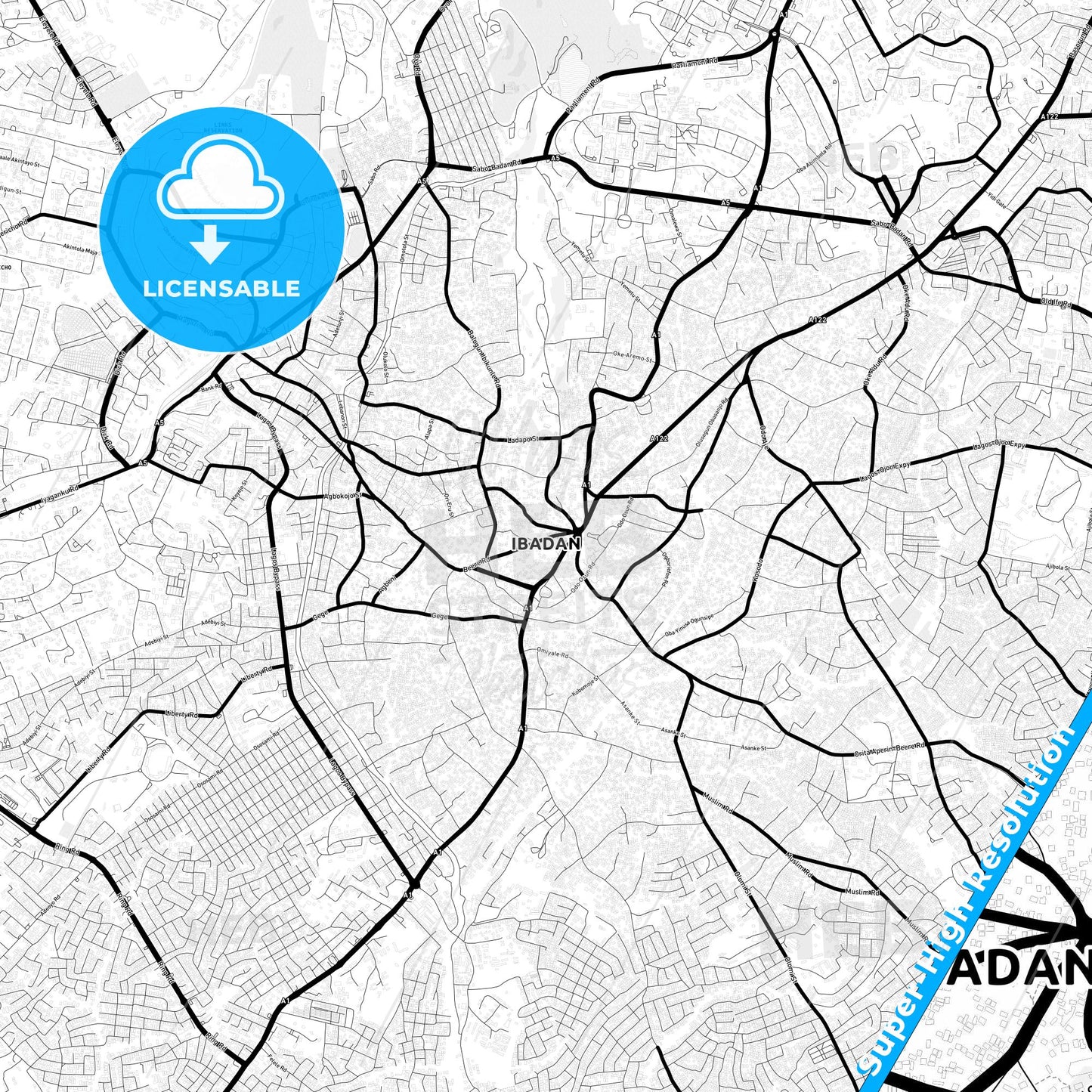 Ibadan, Nigeria Light Map with Street Names, City Names, and Districts