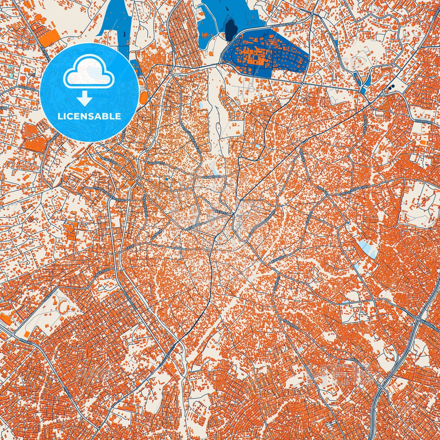 Colorful Ibadan Street Map with Labels and Buildings