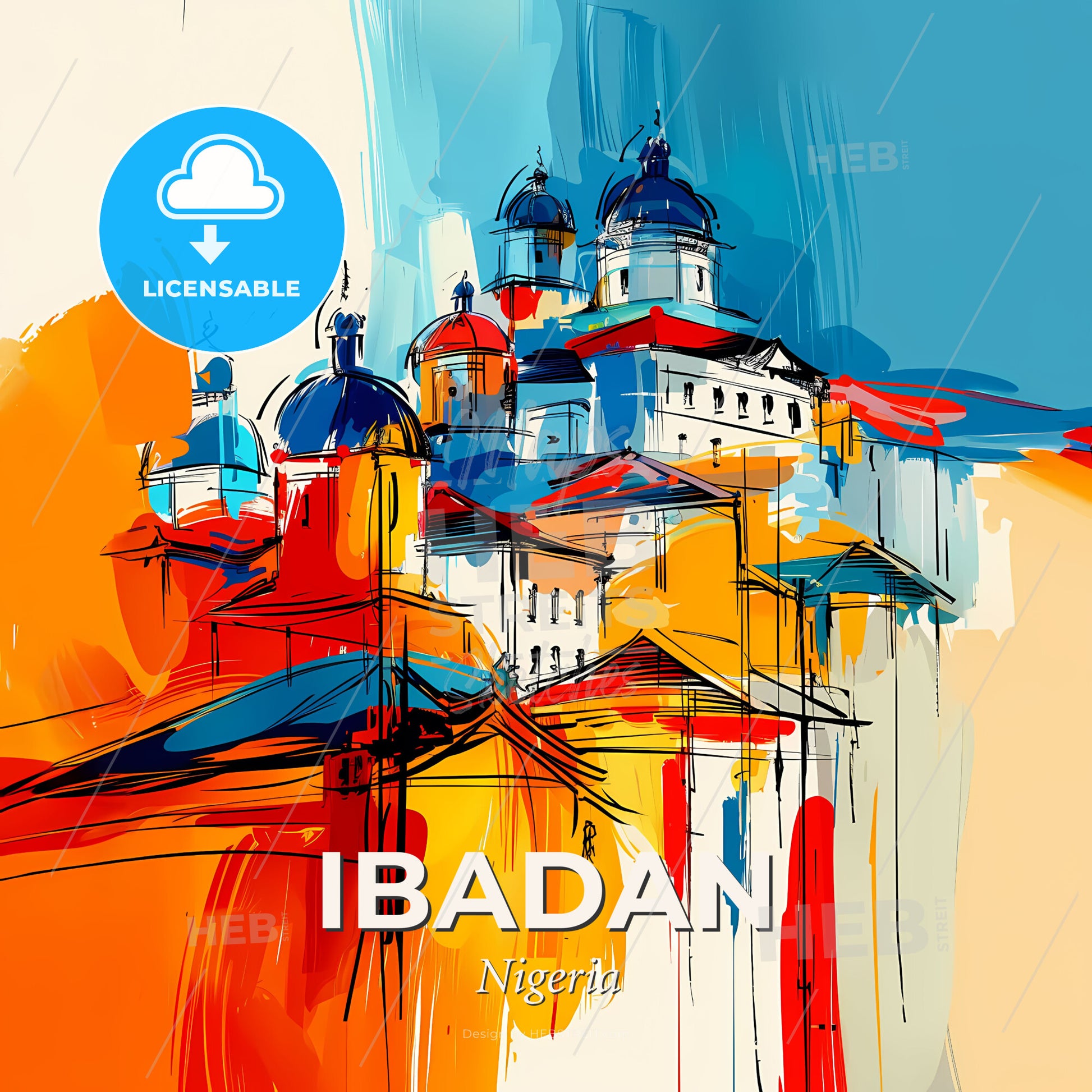 Vibrant Ibadan, Nigeria - A Painting Of A Building With Blue And Orange Roofs - Square format print template