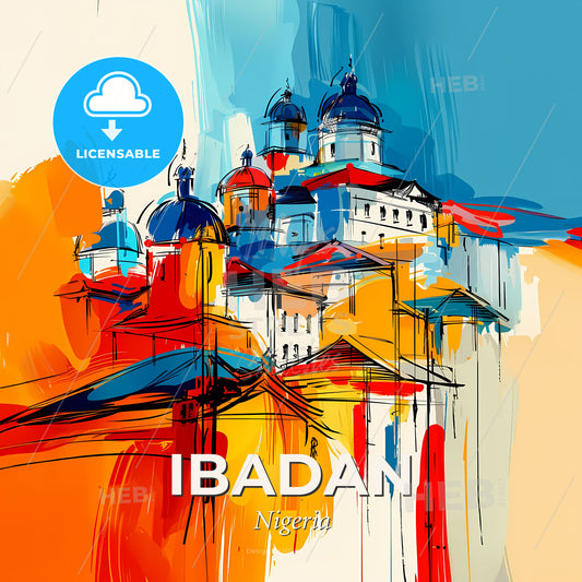 Vibrant Ibadan, Nigeria - A Painting Of A Building With Blue And Orange Roofs - Square format print template
