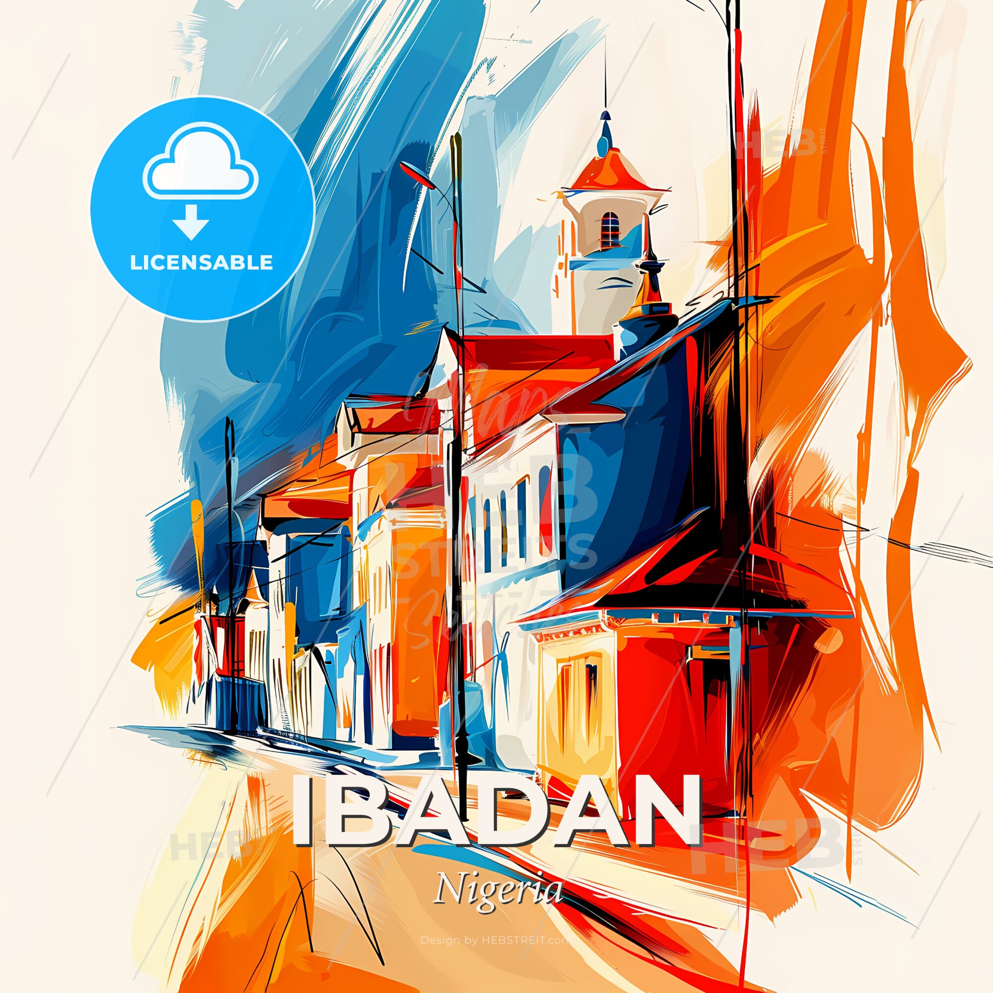Vibrant Ibadan, Nigeria - A Painting Of A Street With Buildings - Square format print template