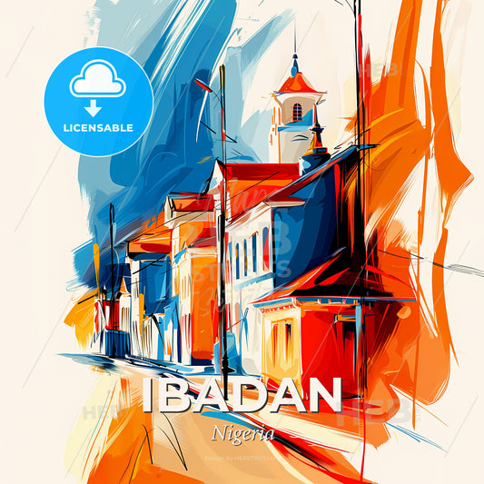 Vibrant Ibadan, Nigeria - A Painting Of A Street With Buildings - Square format print template
