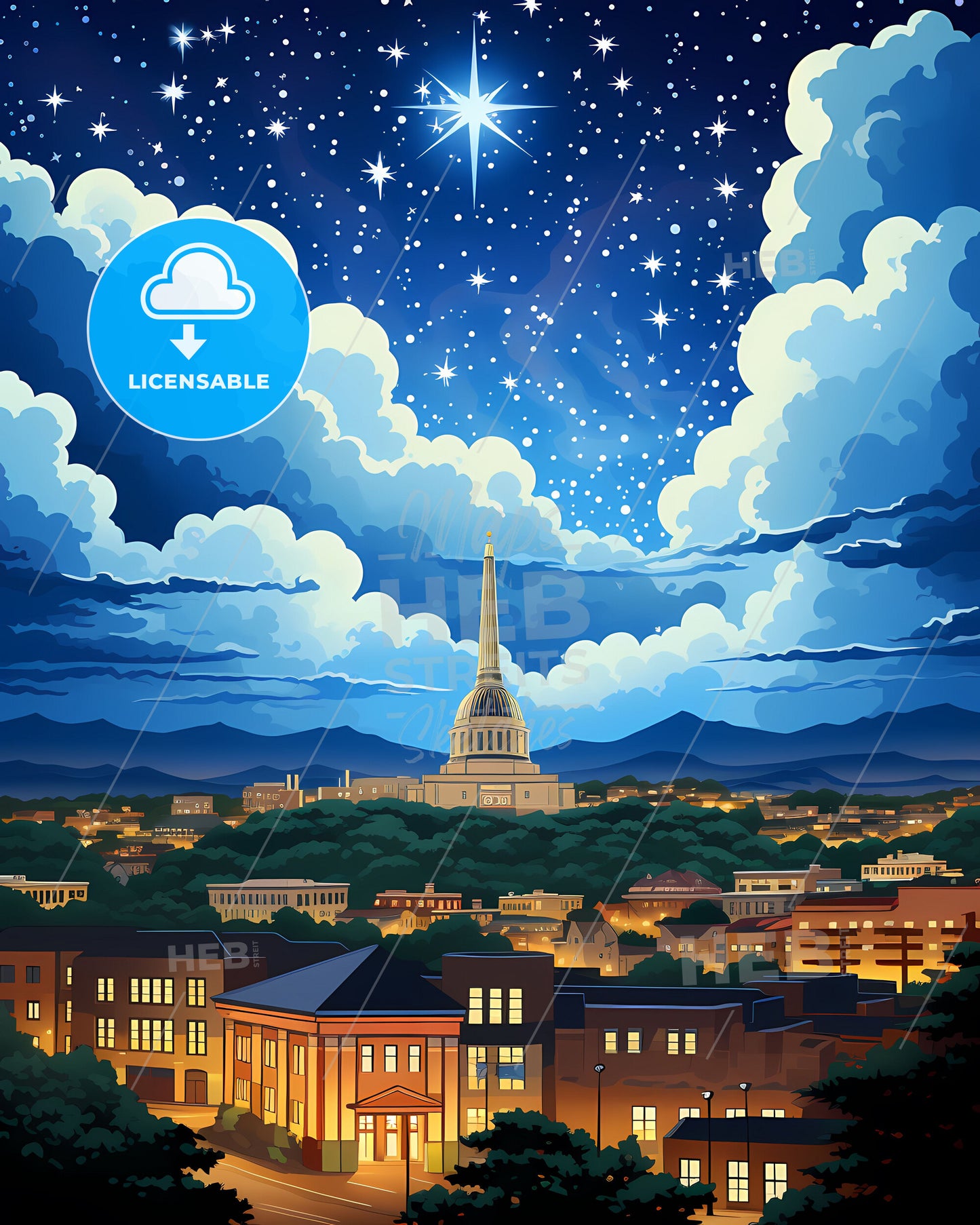 Vibrant Night Cityscape Painting: Ibadan Skyline Art Deco Sky