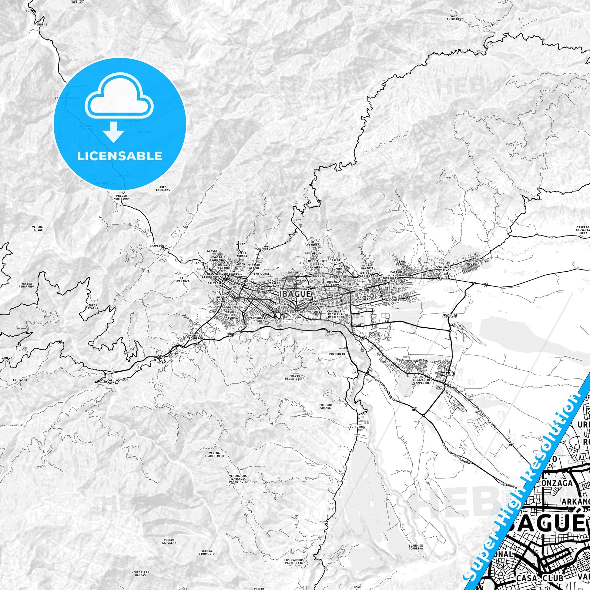 Ibague, Colombia light map with streetnames, citynames and districts