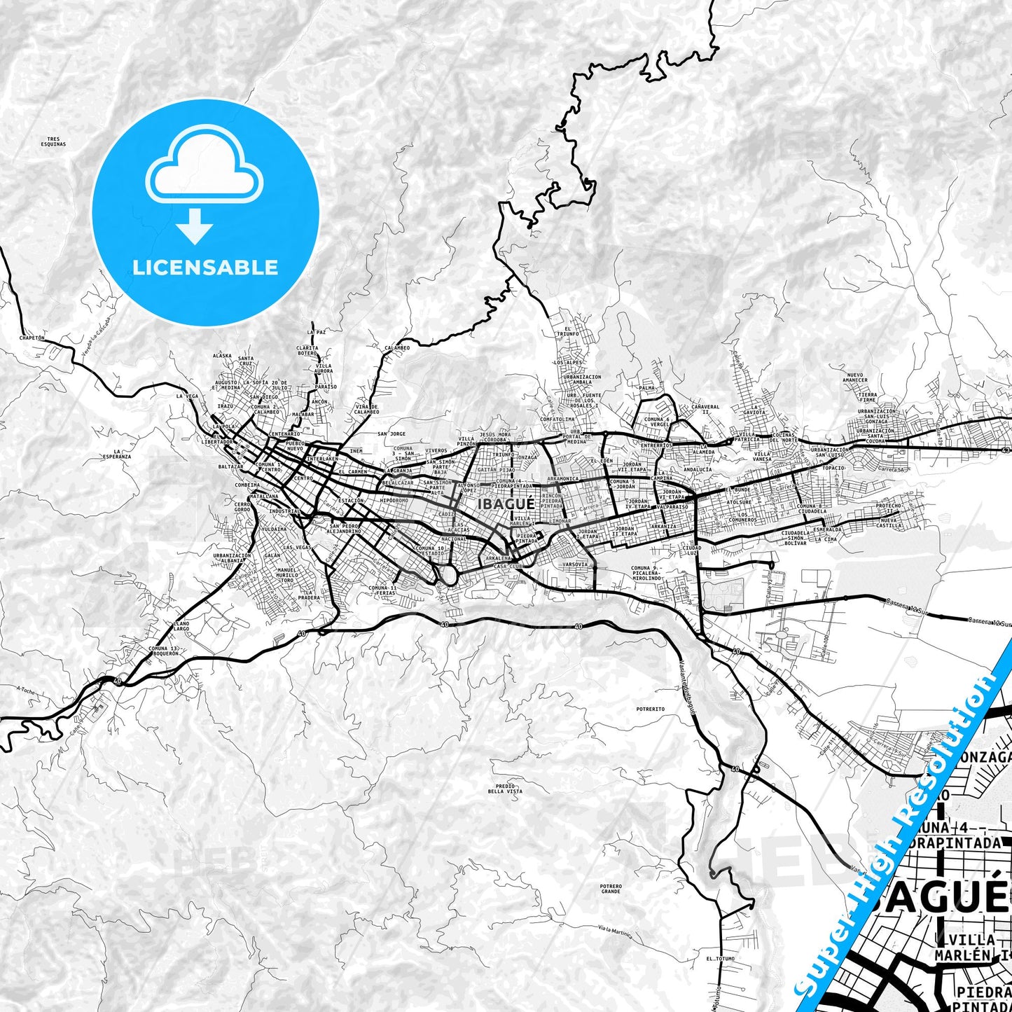 Ibague, Colombia Light Map with Street Names, City Names, and Districts