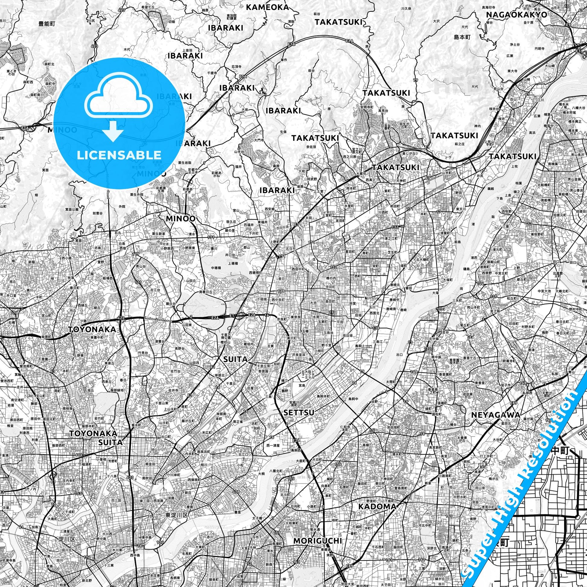 Ibaraki, Japan light map with streetnames, citynames and districts