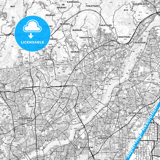 Ibaraki, Japan light map with streetnames, citynames and districts