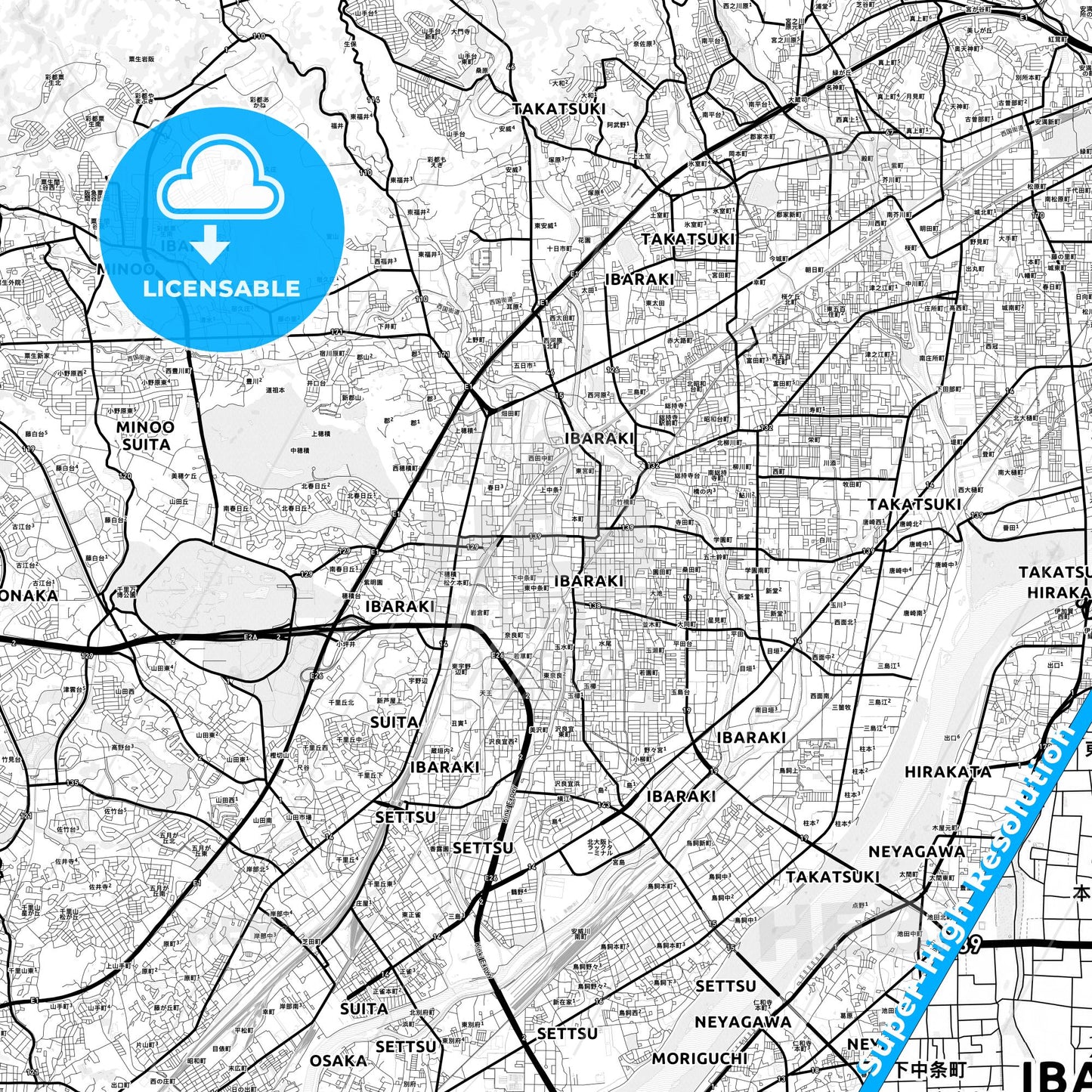 Ibaraki, Japan Light Map with Street Names, City Names, and Districts