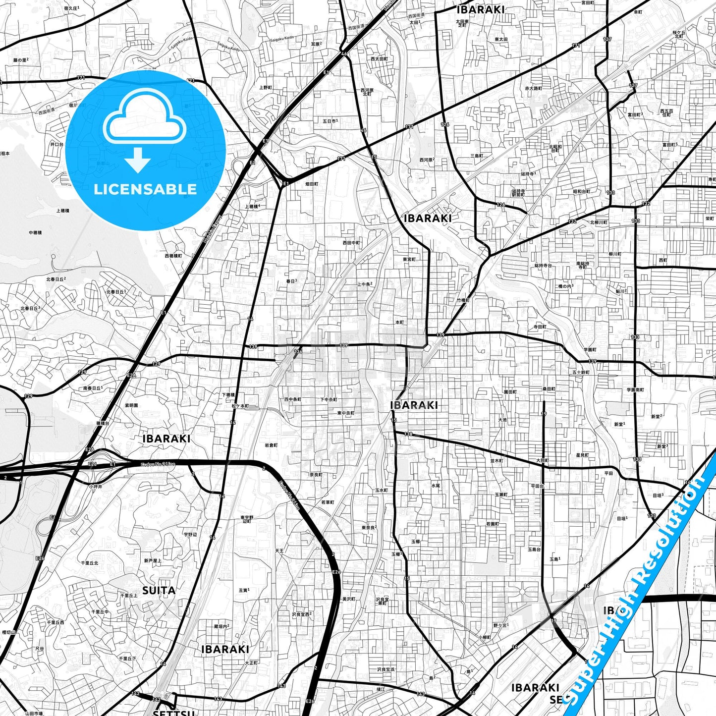 Ibaraki, Japan Light Map with Street Names, City Names, and Districts