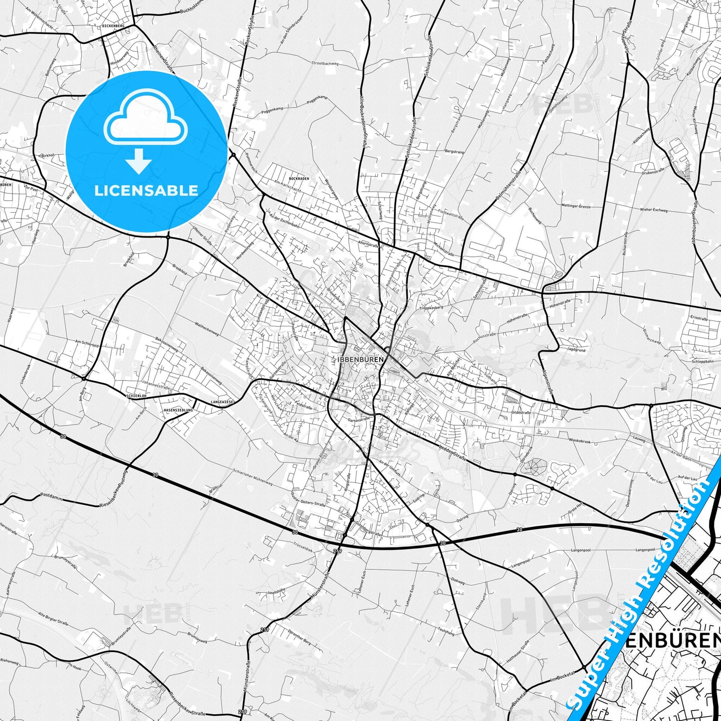 Ibbenburen, Germany Light Map with Street Names, City Names, and Districts