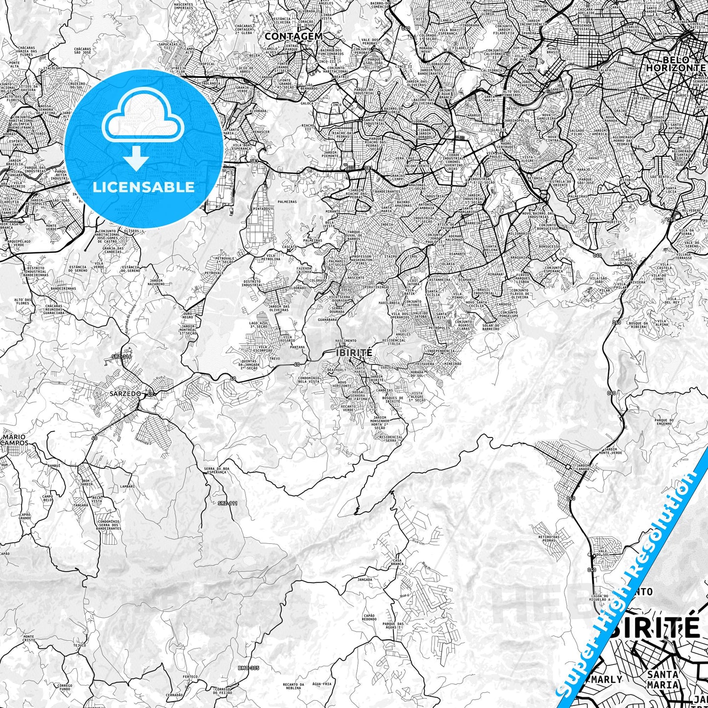 Ibirite, Brazil light map with streetnames, citynames and districts