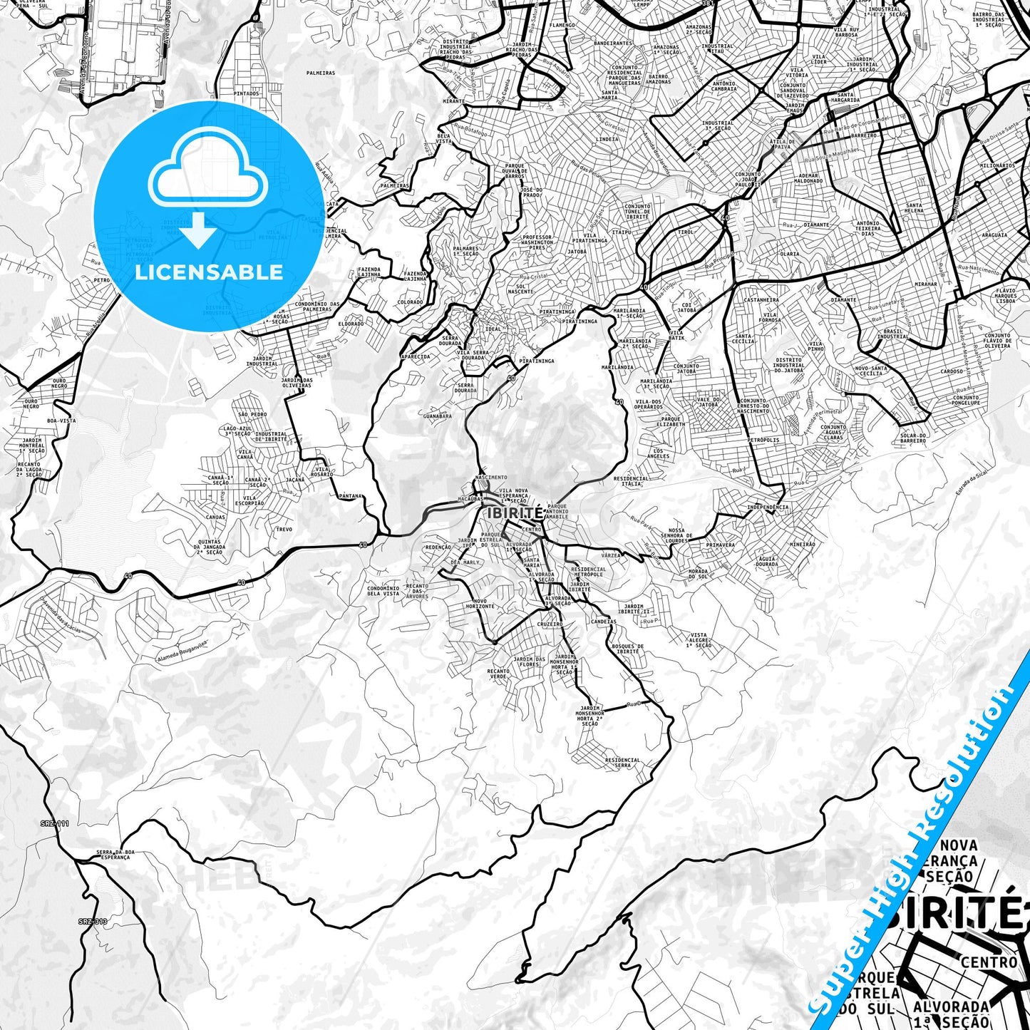 Ibirite, Brazil Light Map with Street Names, City Names, and Districts