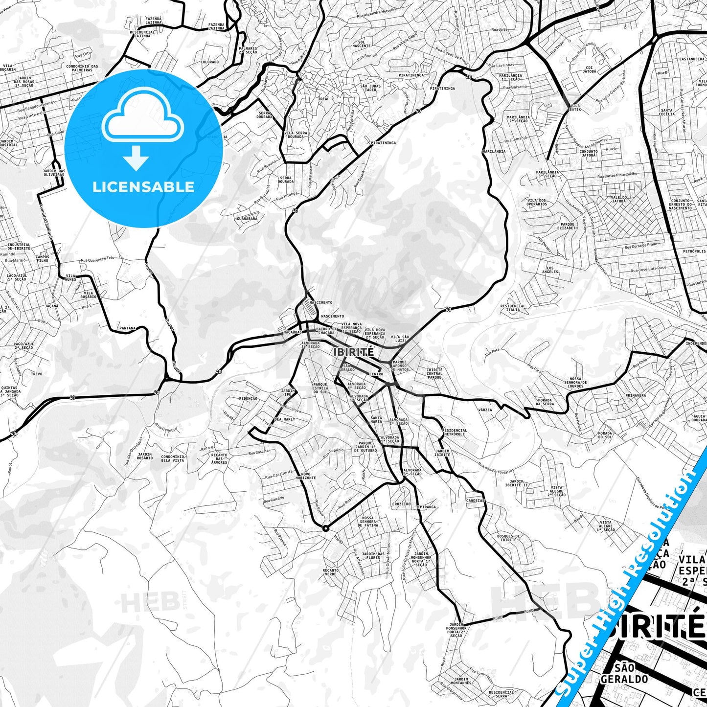 Ibirite, Brazil Light Map with Street Names, City Names, and Districts
