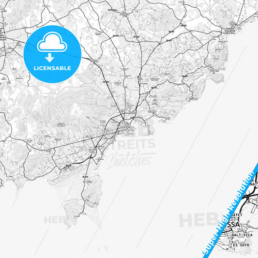 Ibiza Town, Spain light map with streetnames, citynames and districts
