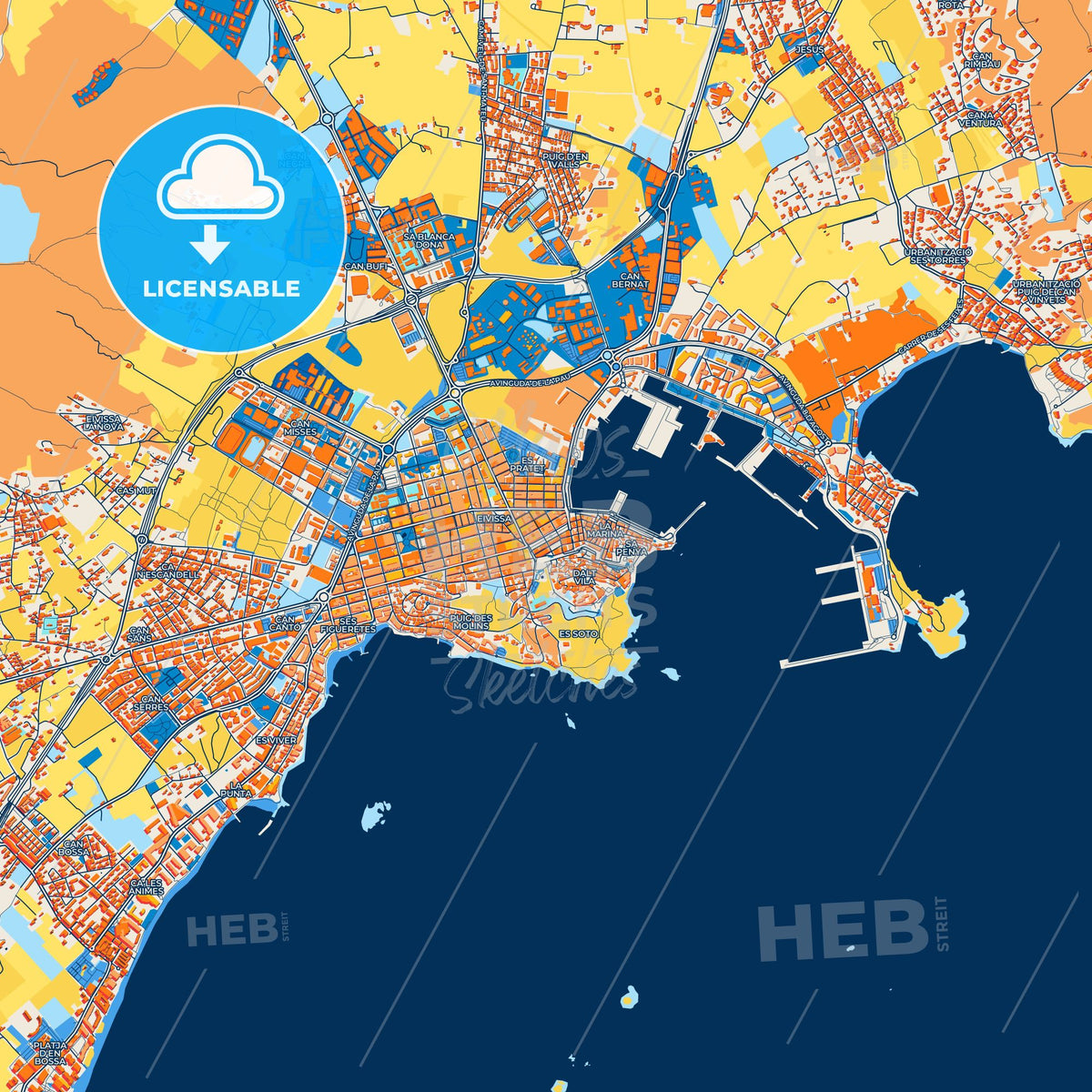 Colorful Ibiza Town Street Map with Labels and Buildings