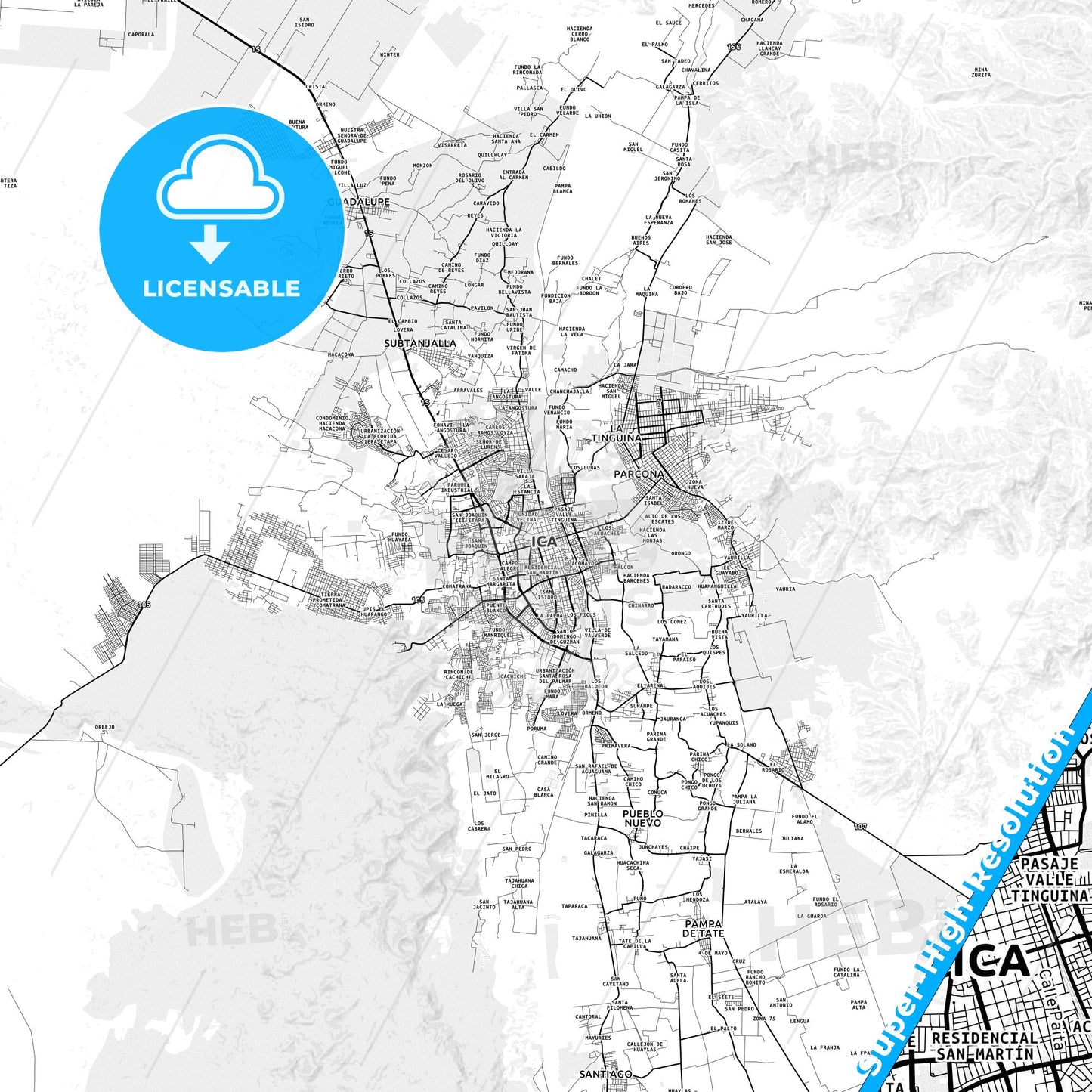 Ica, Peru light map with streetnames, citynames and districts