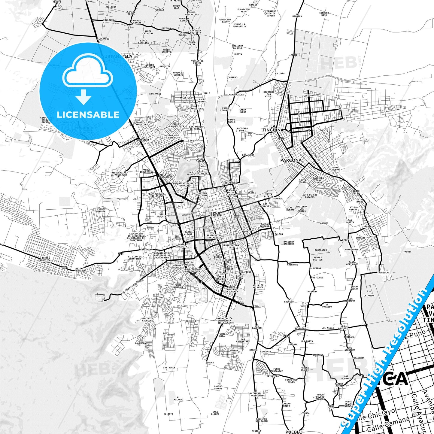 Ica, Peru Light Map with Street Names, City Names, and Districts