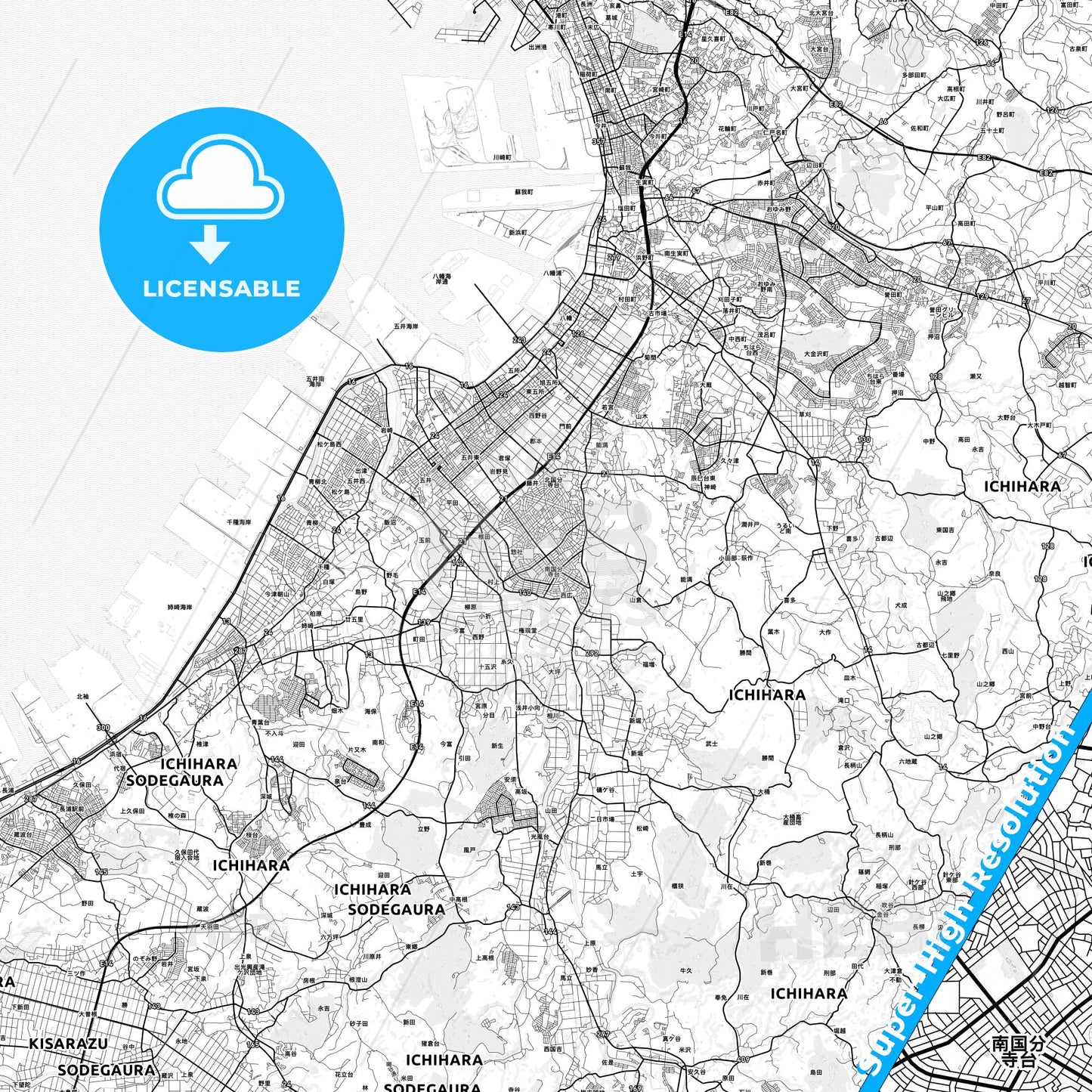 Ichihara, Japan light map with streetnames, citynames and districts