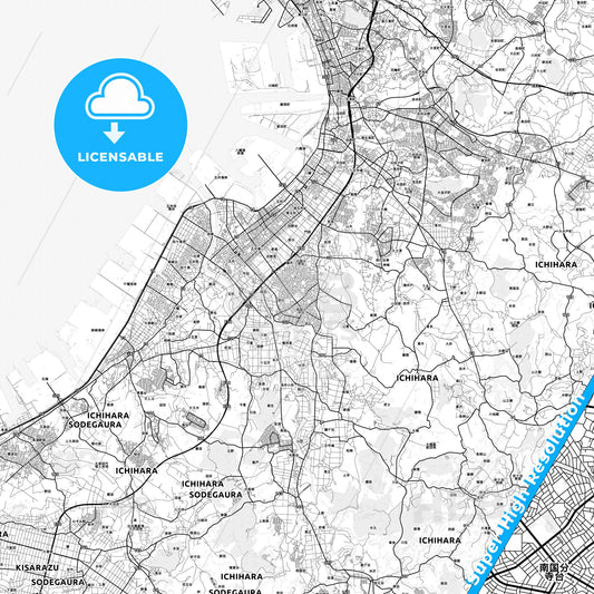 Ichihara, Japan light map with streetnames, citynames and districts