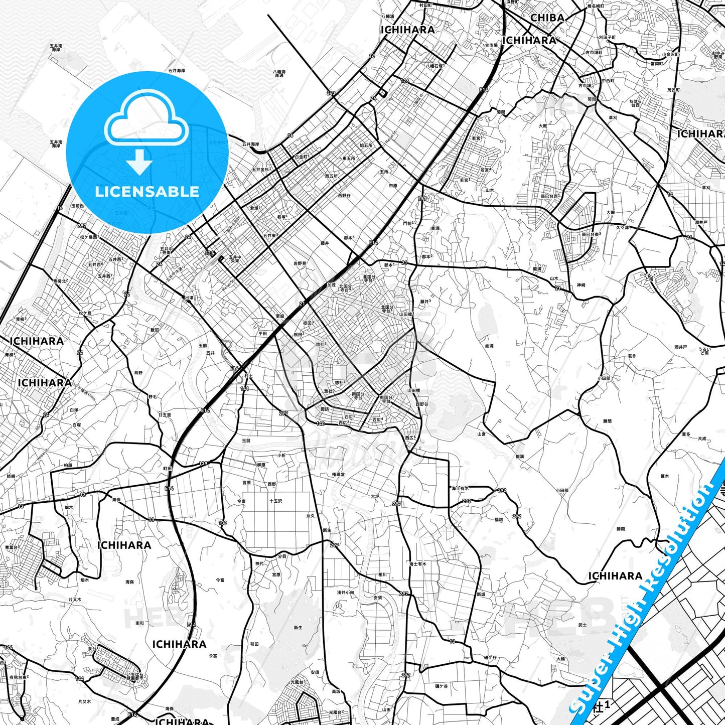 Ichihara, Japan Light Map with Street Names, City Names, and Districts