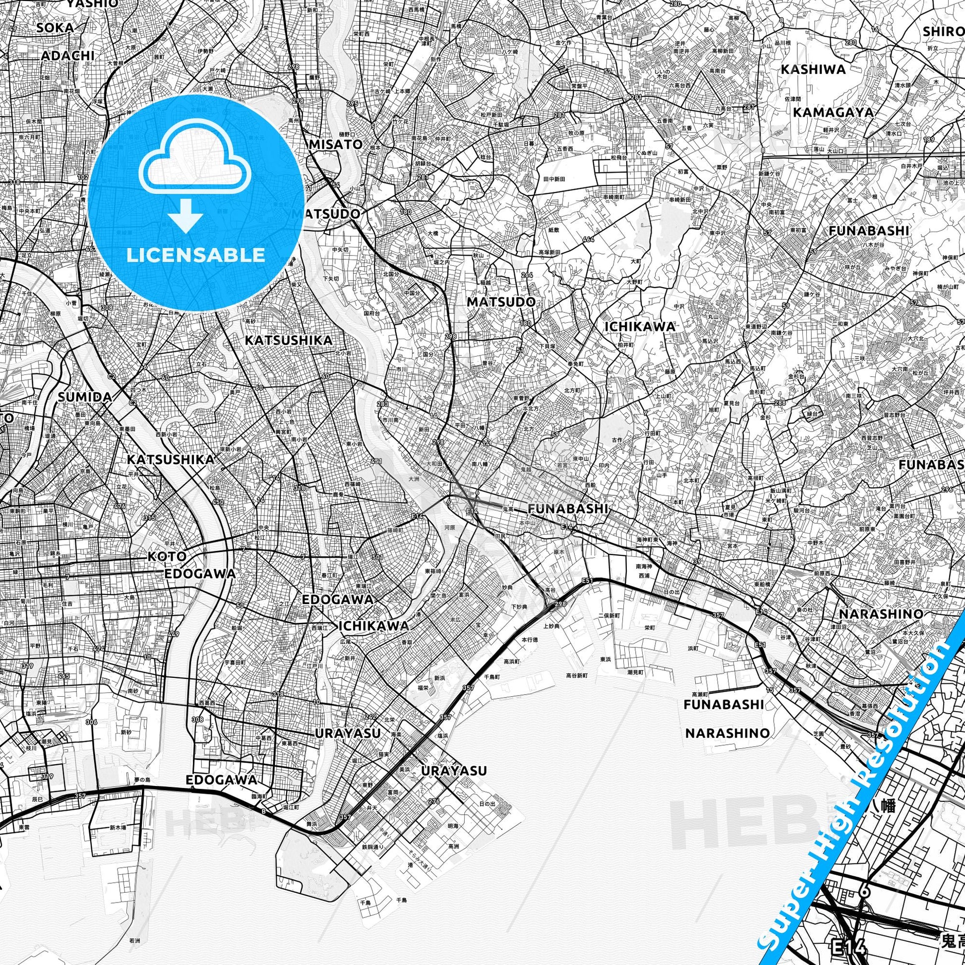 Ichikawa, Japan light map with streetnames, citynames and districts