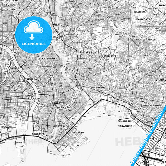 Ichikawa, Japan light map with streetnames, citynames and districts