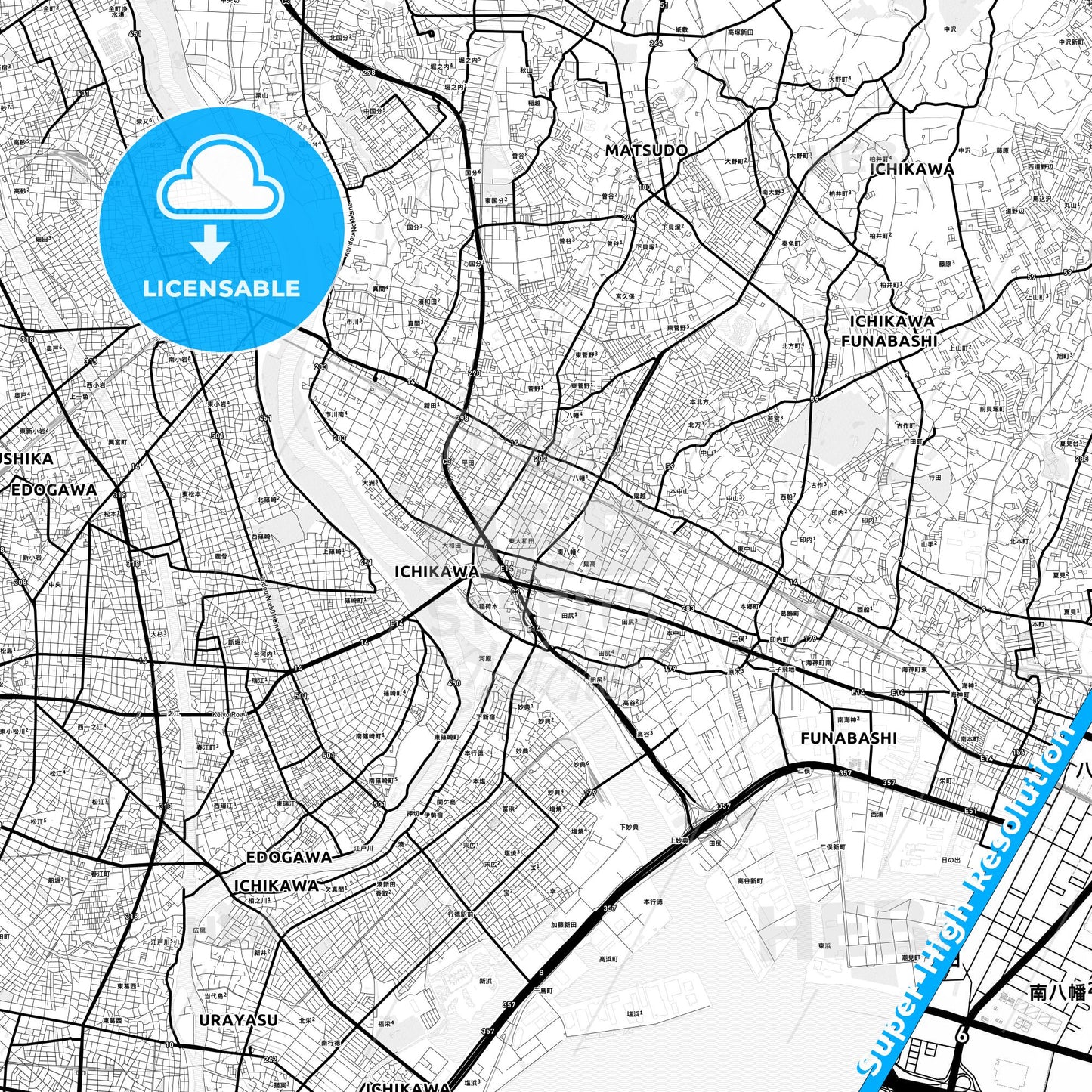 Ichikawa, Japan Light Map with Street Names, City Names, and Districts