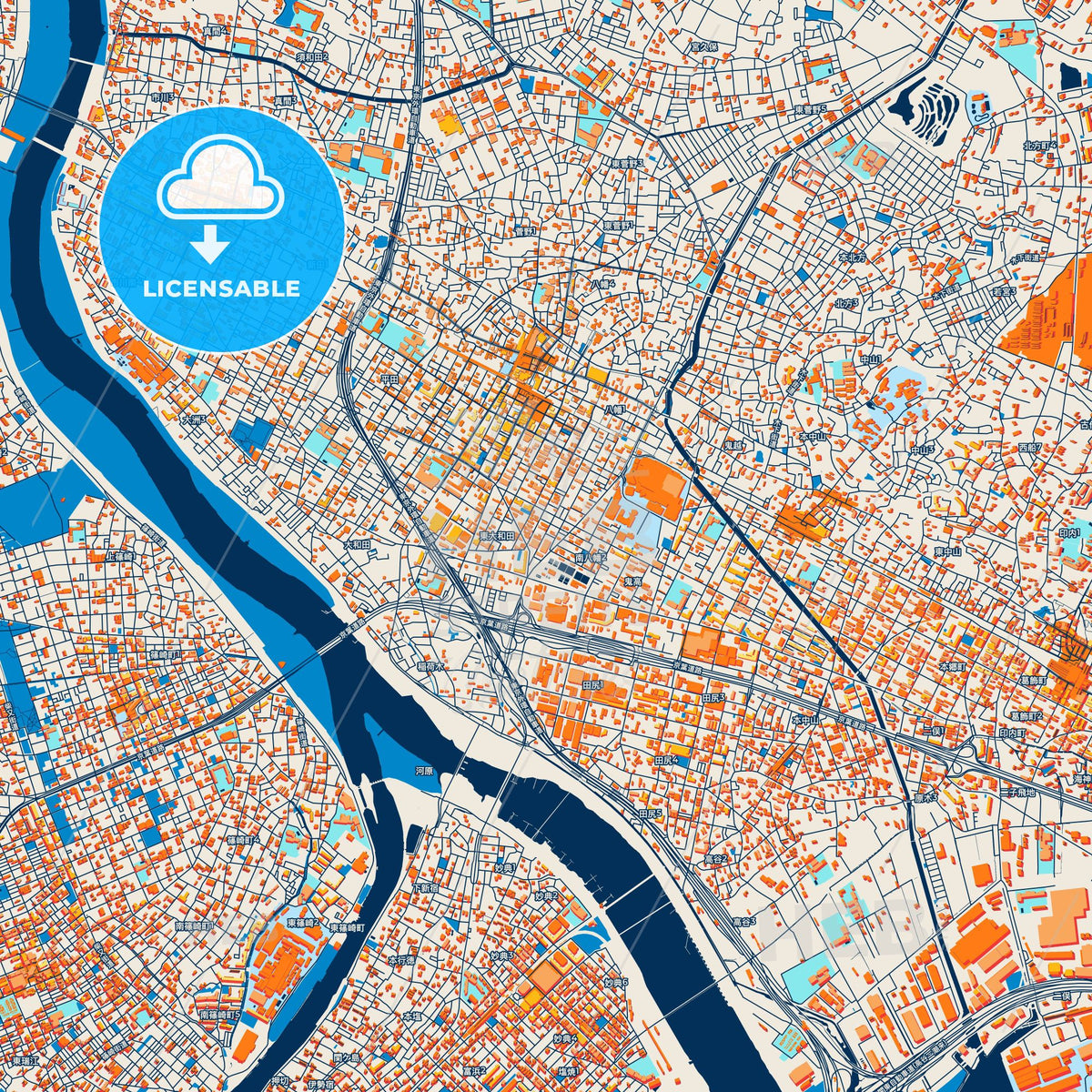 Colorful Ichikawa Street Map with Labels and Buildings