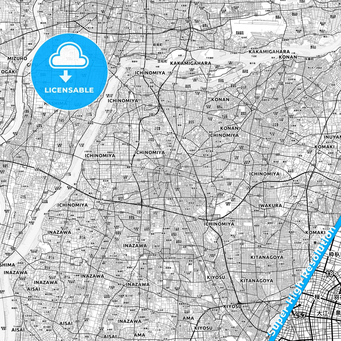 Ichinomiya, Japan light map with streetnames, citynames and districts
