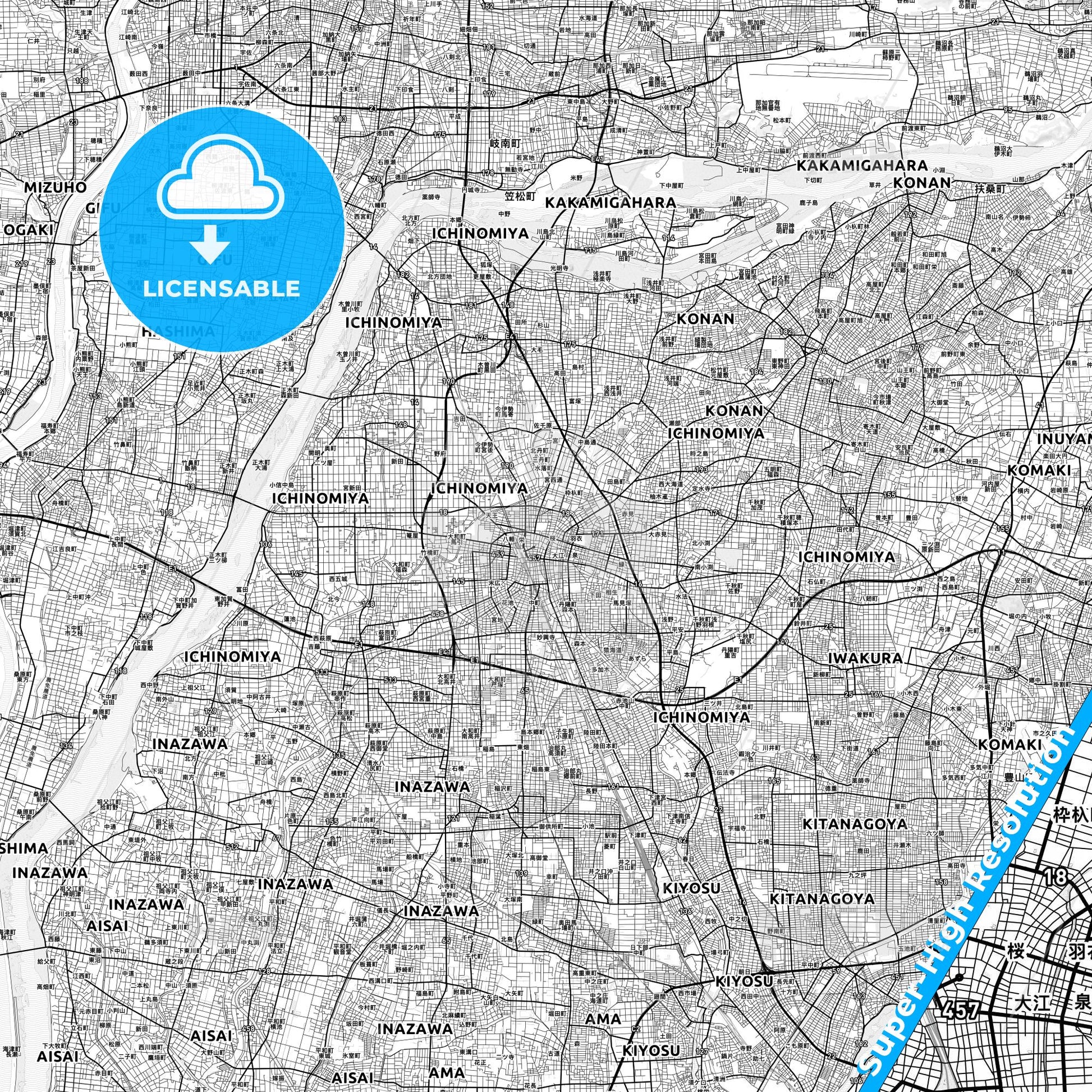 Ichinomiya, Japan light map with streetnames, citynames and districts