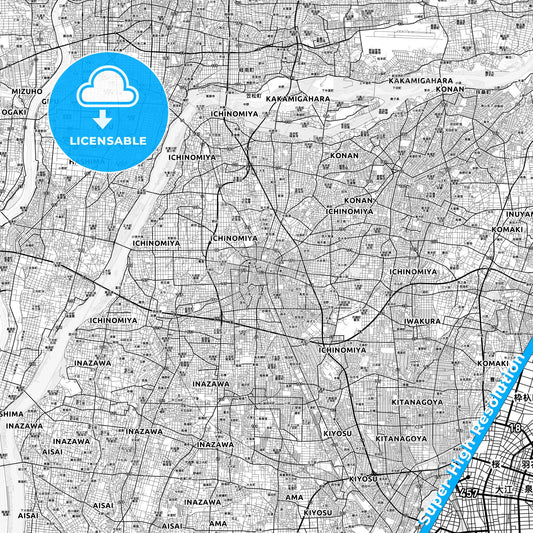 Ichinomiya, Japan light map with streetnames, citynames and districts