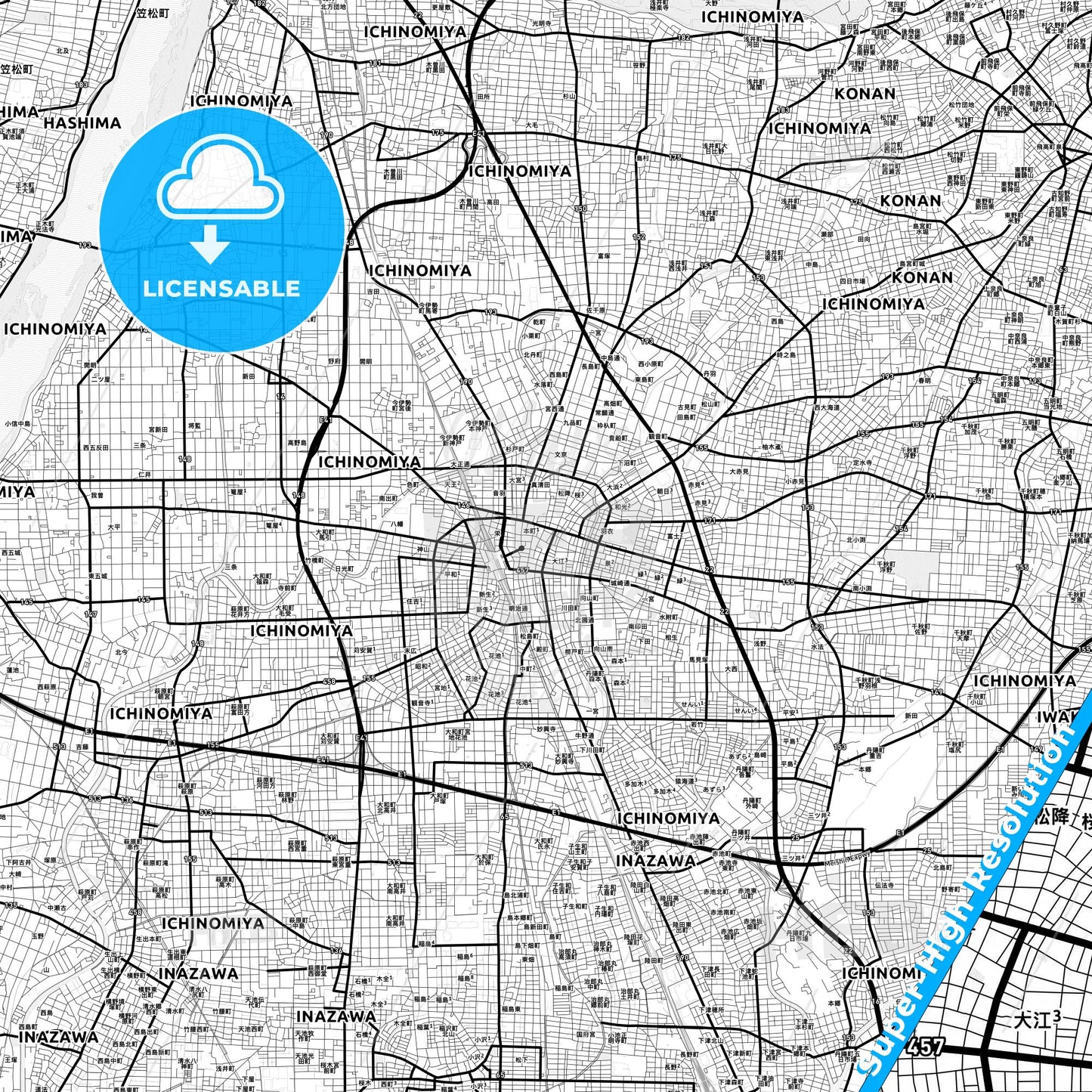 Ichinomiya, Japan Light Map with Street Names, City Names, and Districts