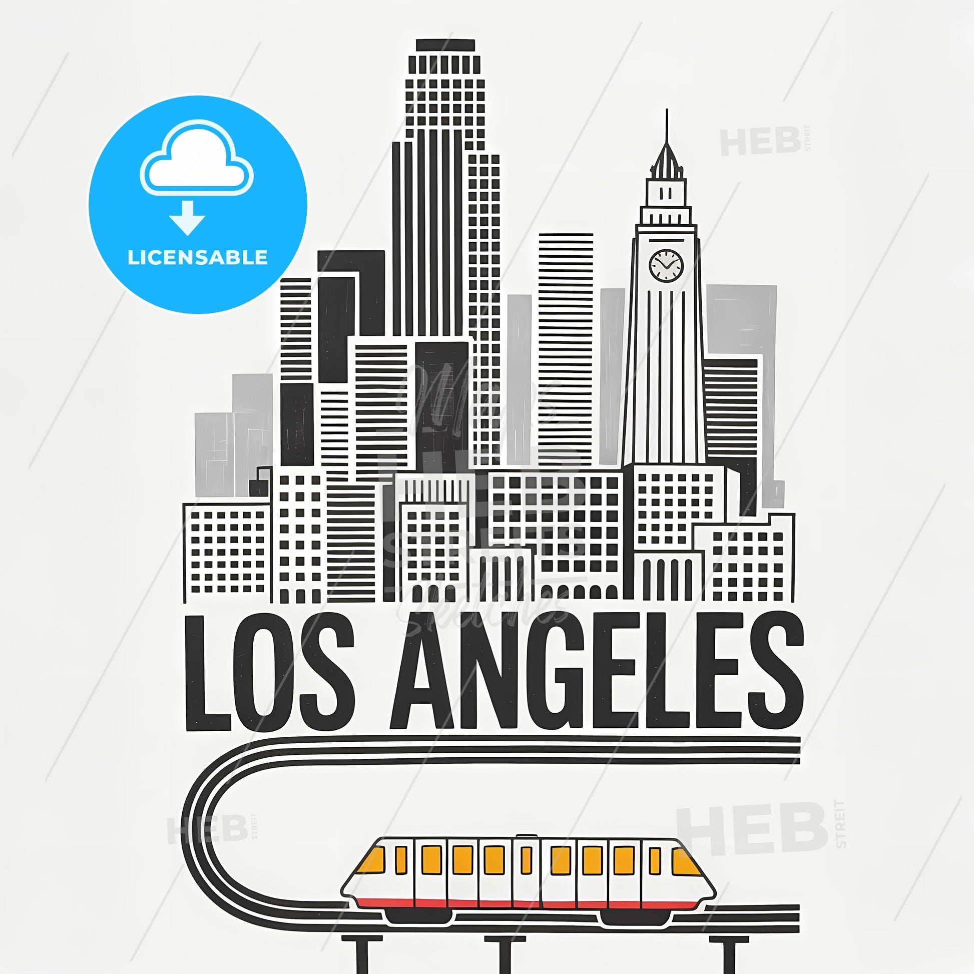 Iconic LA Skyline: Monorail Dreams in Bold Linocut Style