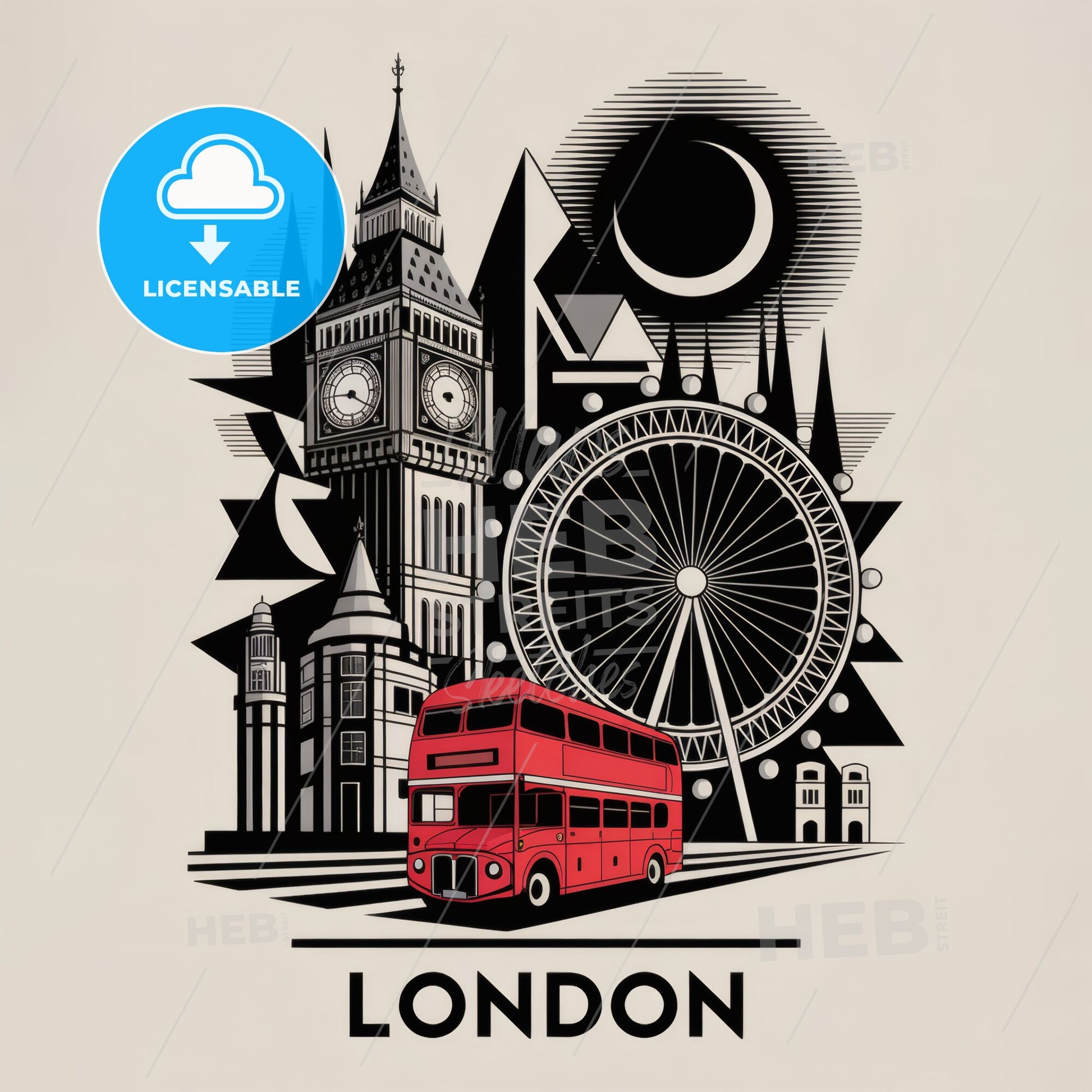 Iconic London: Geometric Black & White Art Print with Vibrant Red Bus Accent
