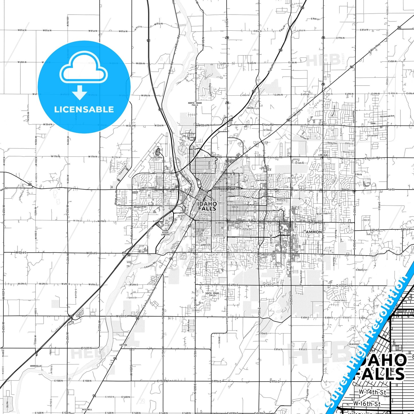 Idaho Falls, Idaho light map with streetnames, citynames and districts