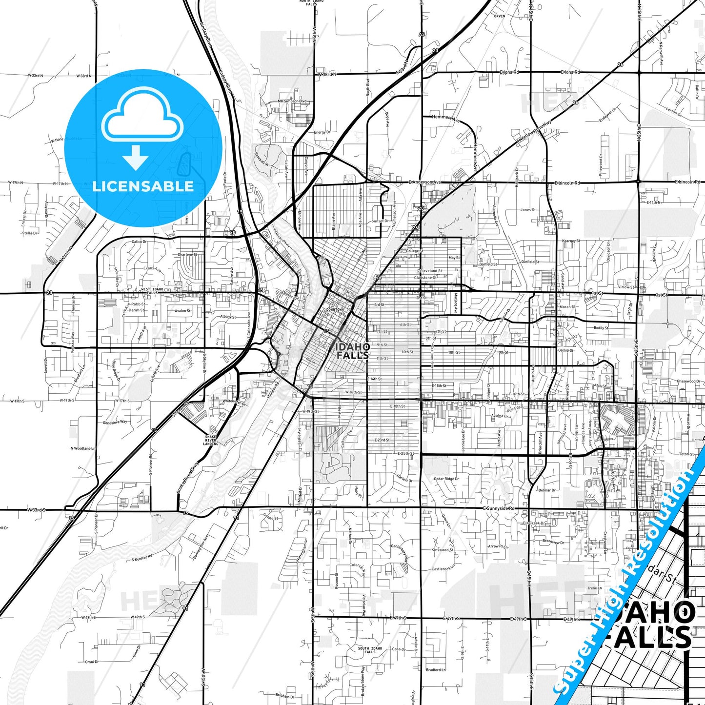 Idaho Falls, Idaho Light Map with Street Names, City Names, and Districts