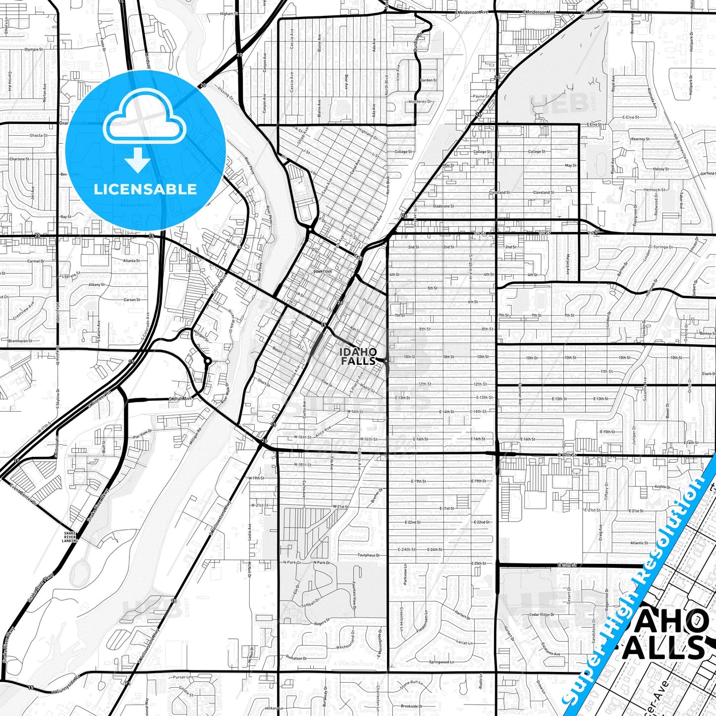 Idaho Falls, Idaho Light Map with Street Names, City Names, and Districts