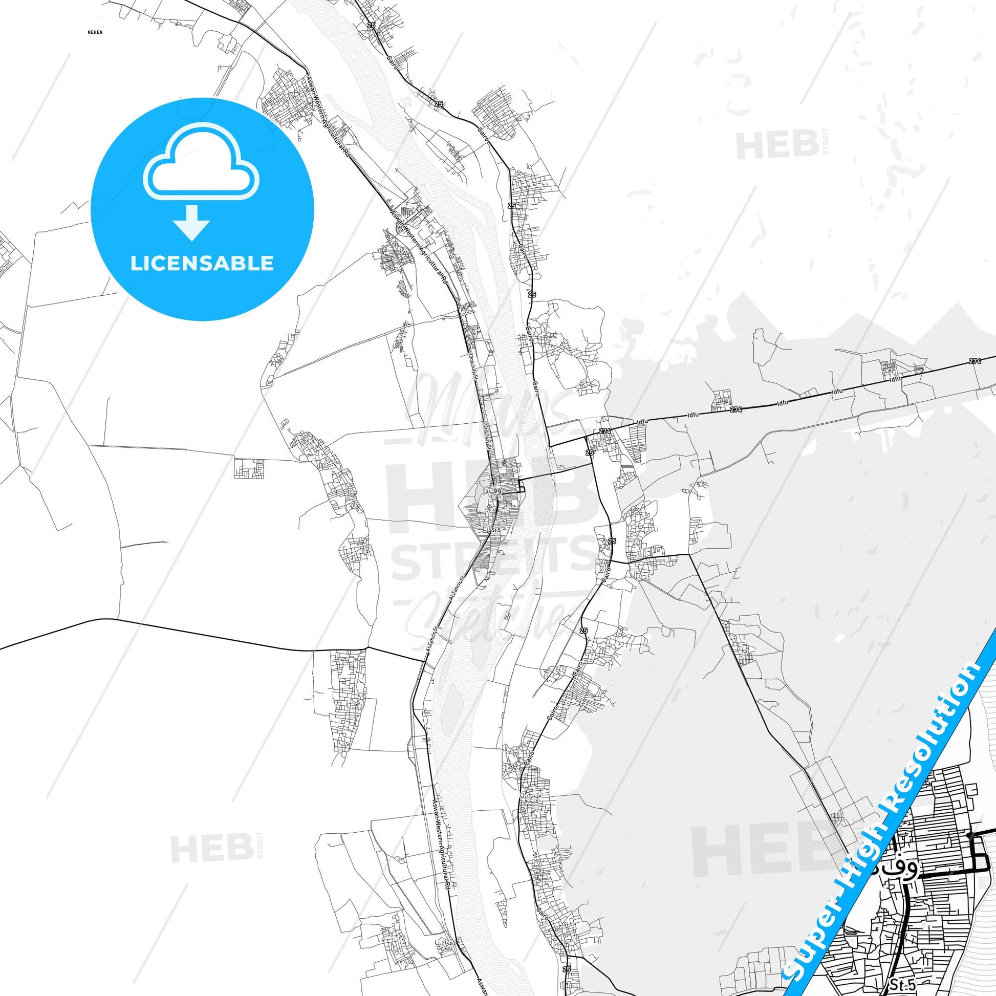 Idfu, Egypt light map with streetnames, citynames and districts