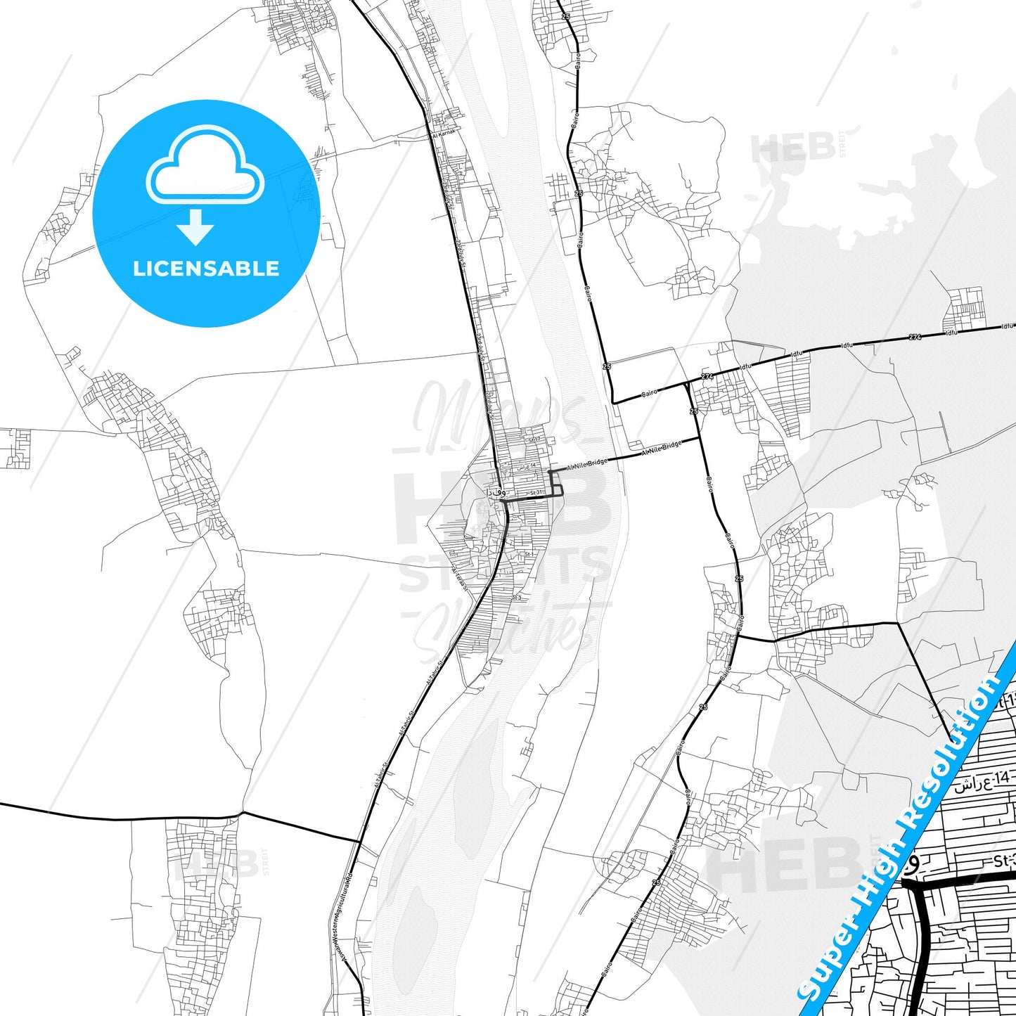 Idfu, Egypt Light Map with Street Names, City Names, and Districts
