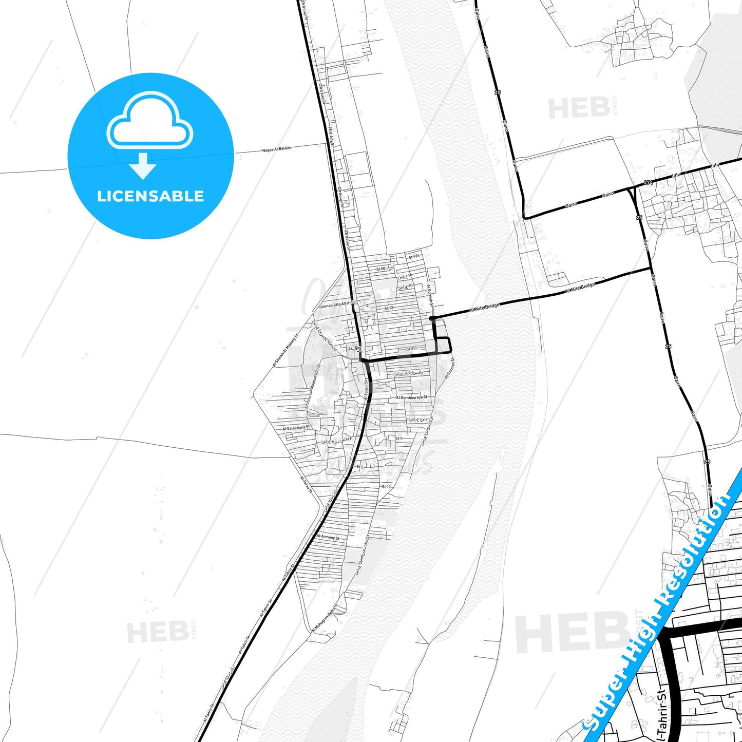 Idfu, Egypt Light Map with Street Names, City Names, and Districts