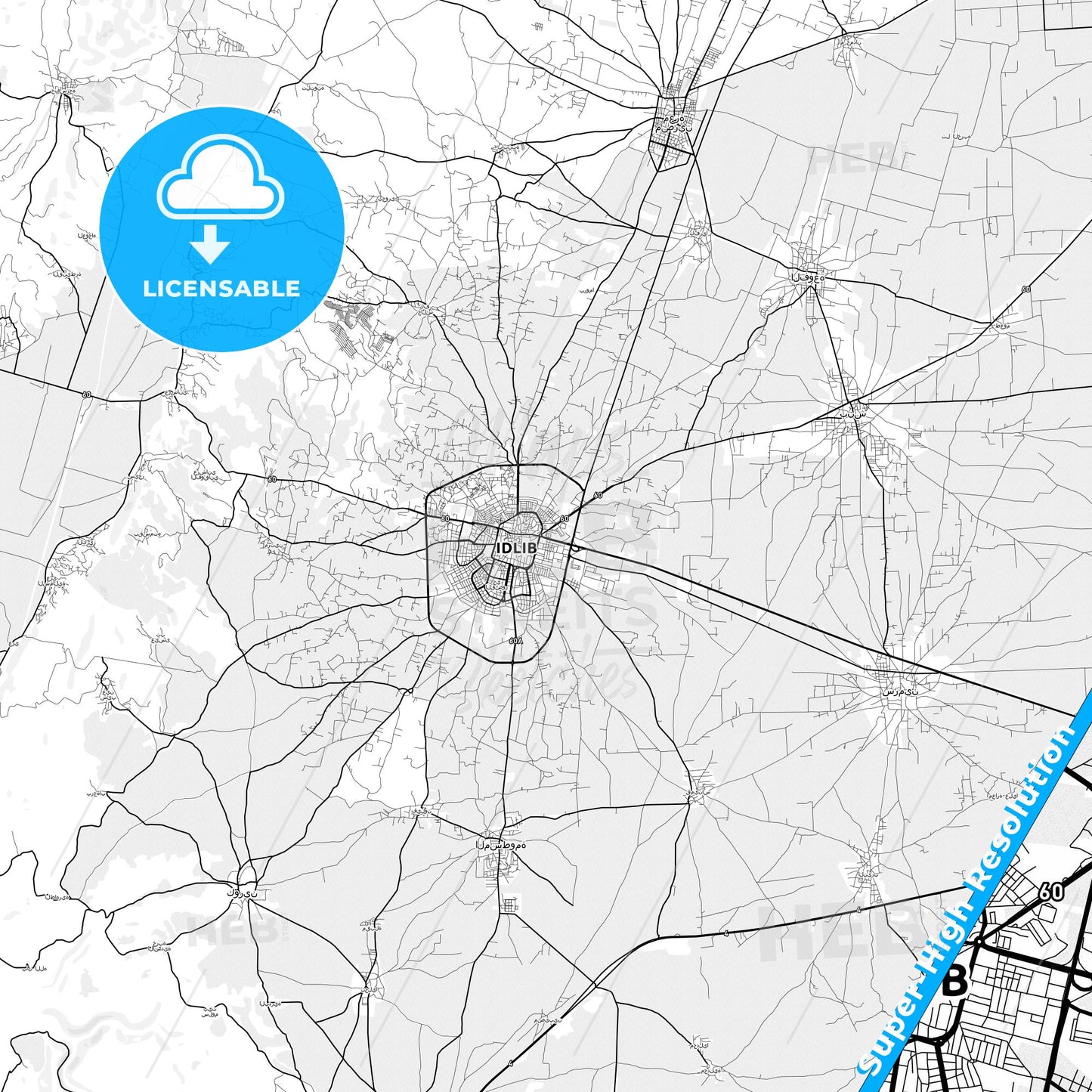 Idlib, Syria light map with streetnames, citynames and districts