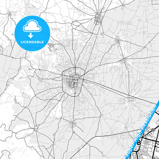 Idlib, Syria light map with streetnames, citynames and districts