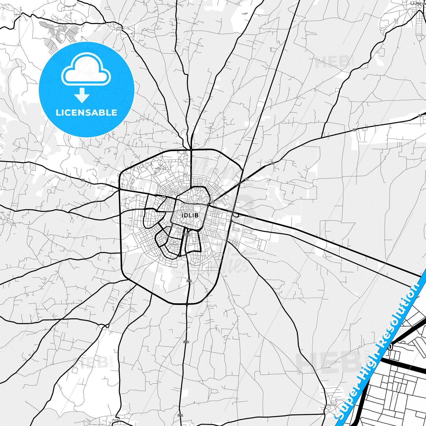 Idlib, Syria Light Map with Street Names, City Names, and Districts
